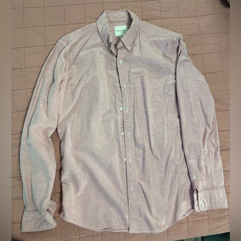 American Eagle Red Oxford Shirt Medium Button Up Button Collar